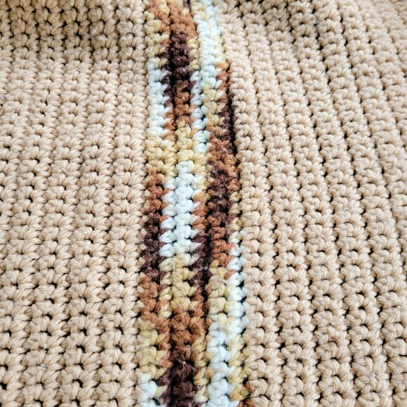 Vintage Crochet LONG Afghan Blanket, Pink, Brown & Cream Stripes Couch Throw - Picture 7 of 10